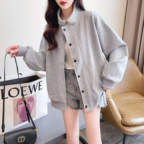 Real shot of Chinese cotton composite milk silk sweatshirt for women spring and autumn thin solid color buttoned cardigan coat tops for women plus size