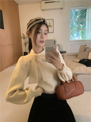 Actual shot of new retro high-end temperament bow ribbon puff sleeves thickened sweater