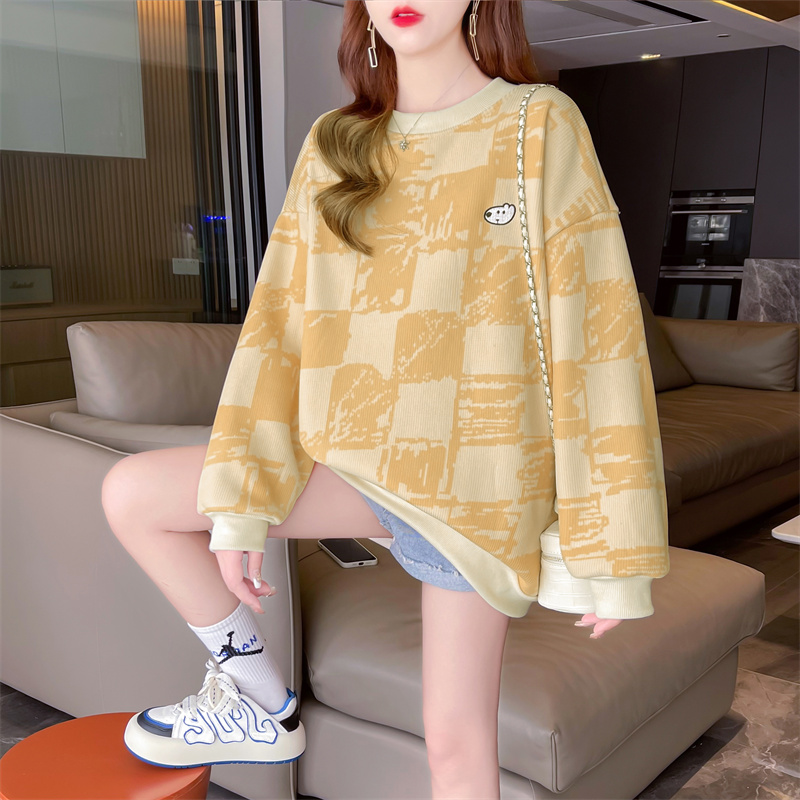 Actual shot-2024 spring waffle all-over printed Korean style loose large size embroidered thin sweatshirt for women