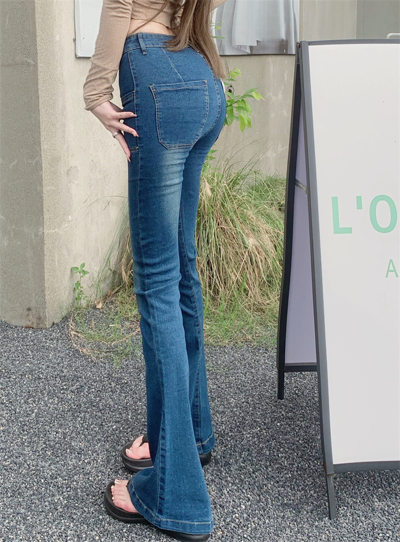 Real shot of retro hottie sweet and cool high-waist stretch micro-flared jeans slim slim long pants for women