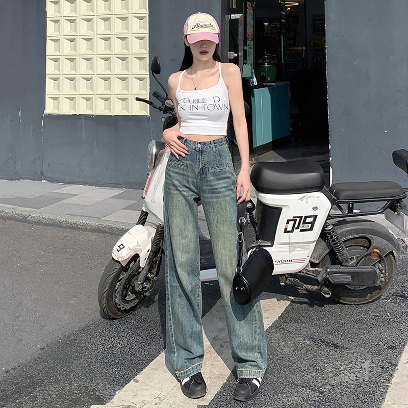 實拍~牛仔褲女2024春秋款懷舊復古寬鬆顯瘦拖地褲復古褲子長褲ins