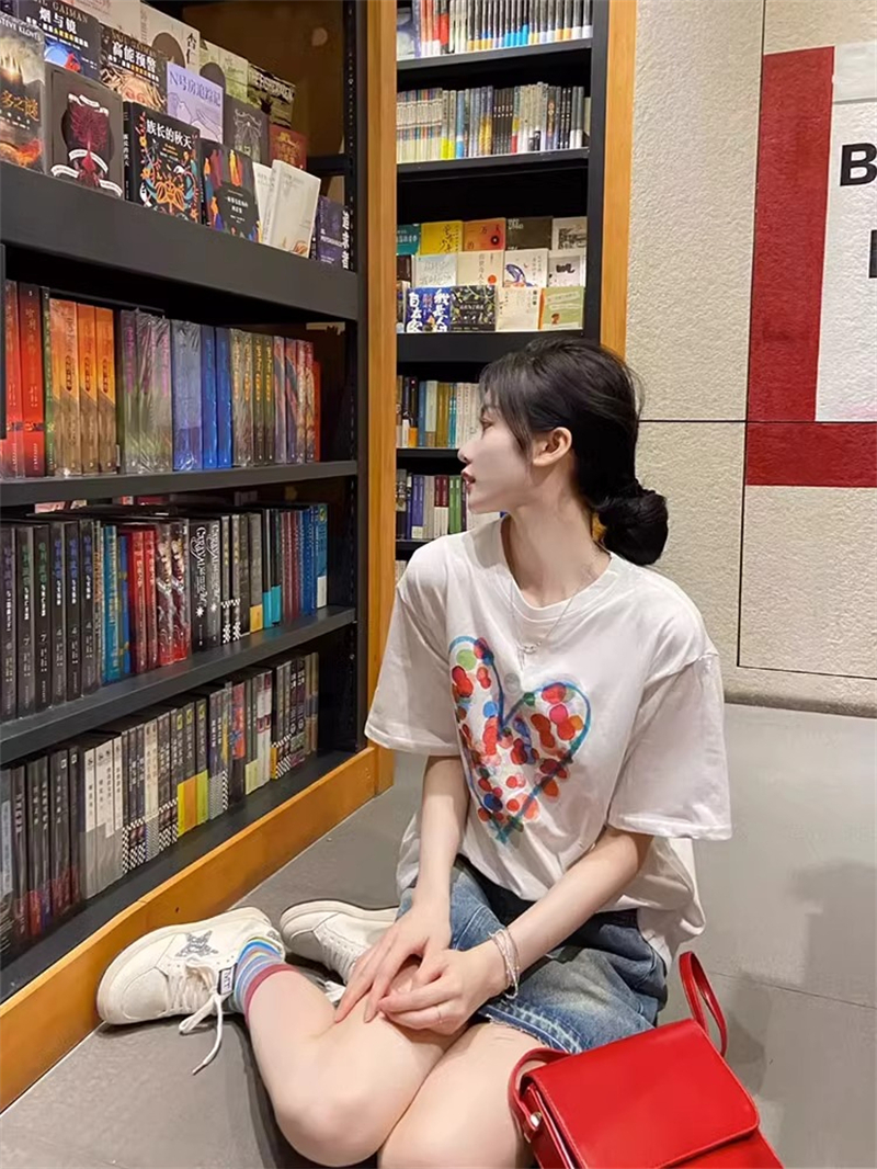 220克精梳緊密賽洛高級感愛心圓點印花圖案短袖T恤