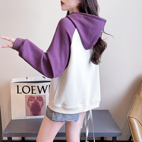 Real shot of Chinese cotton composite 320g spring and autumn thin sweatshirt women's raglan sleeve hooded trendy top plus size women's 200 pounds