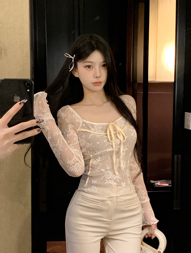 Real shot of fashionable lace inner autumn and winter new tops T-shirt long sleeves for women