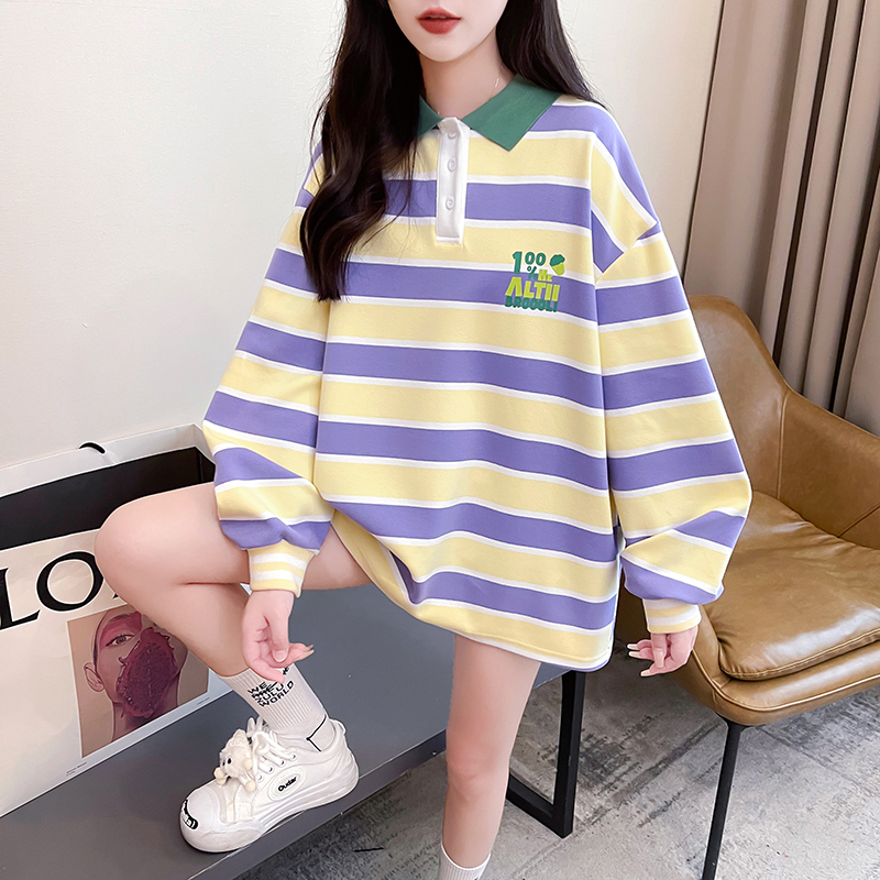 Real shot striped composite 330g sweatshirt for women spring and autumn loose Korean style lapel top plus size women's 200 pounds