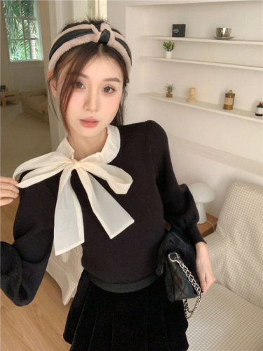 Actual shot of new retro high-end temperament bow ribbon puff sleeves thickened sweater