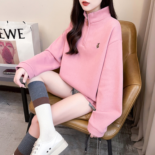 Real shot of rice wool composite 330g sweatshirt for women spring and autumn embroidered lapel top plus size women's 200 pounds