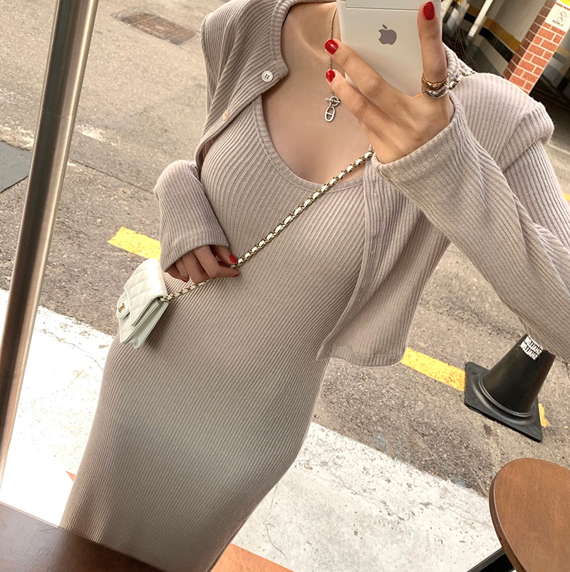 Original ribbed cardigan suspender dress two-piece set