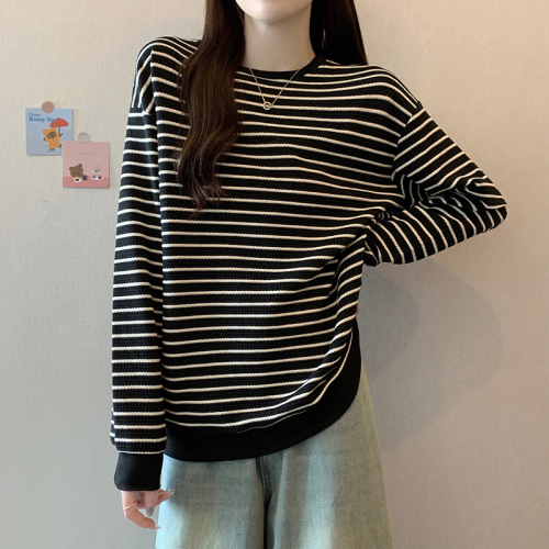 Real shot of puff pattern sweatshirt for women, spring and autumn thin Korean style round neck striped long-sleeved T-shirt tops for women plus size 200 pounds