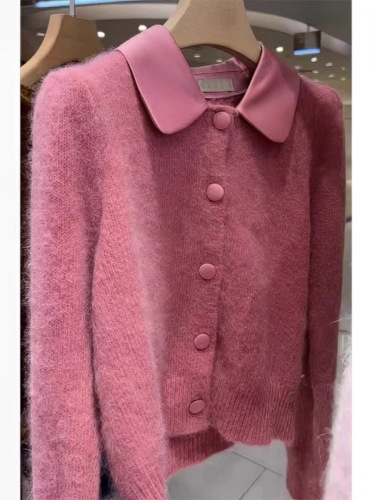New style pink soft waxy lapel single-breasted cardigan sweater for women casual age-reducing mohair long-sleeved top jacket