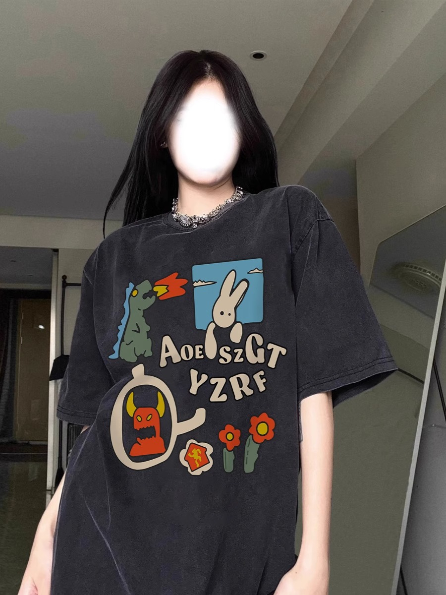 220克精梳緊密賽洛水洗黑趣味卡通印花短袖T恤女