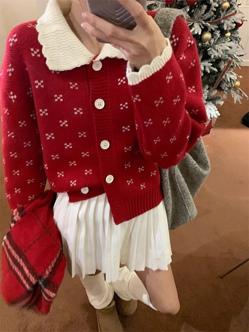 Korean style doll collar snowflake embroidery knitted cardigan for women autumn and winter new style loose sweet versatile soft waxy sweater jacket