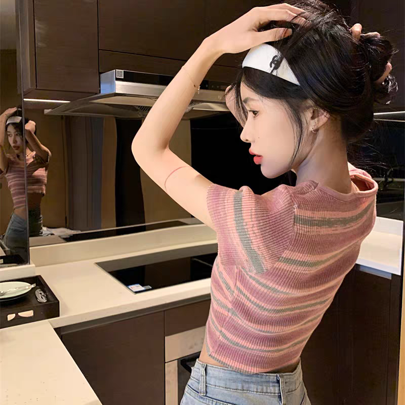 Pink striped knitted short-sleeved T-shirt for women summer new design niche pure desire hot girl short top