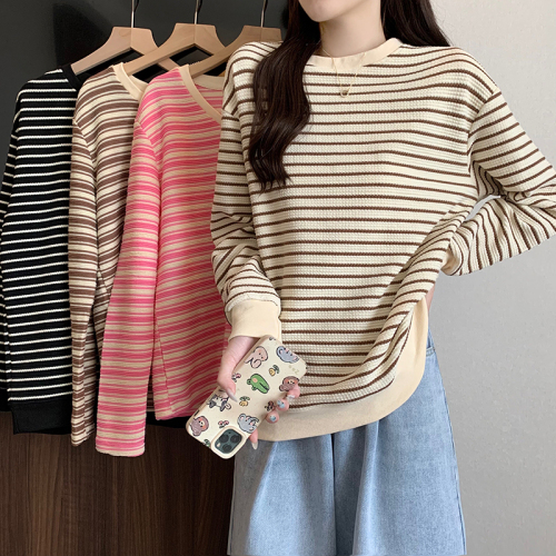 Real shot of puff pattern sweatshirt for women, spring and autumn thin Korean style round neck striped long-sleeved T-shirt tops for women plus size 200 pounds