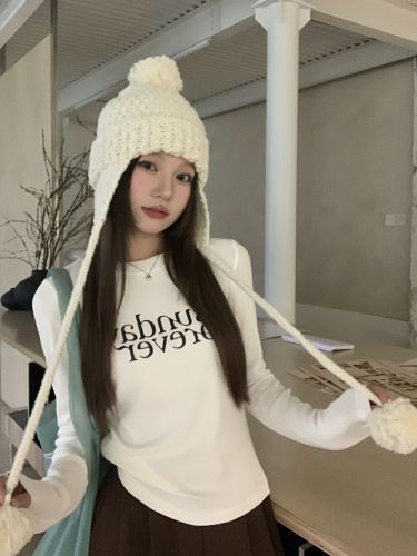Real shot of three-label classic round neck letter printed T-shirt long-sleeved women's autumn slim fit top