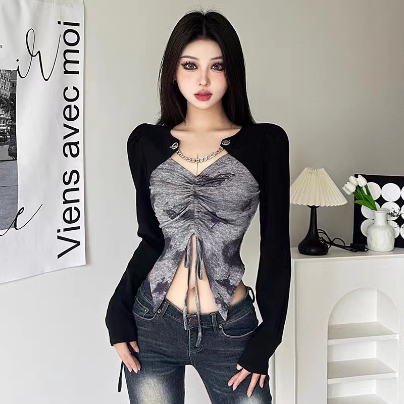 Hot girl style splicing design long-sleeved T-shirt, feminine slimming pleated short crop top, pure desire