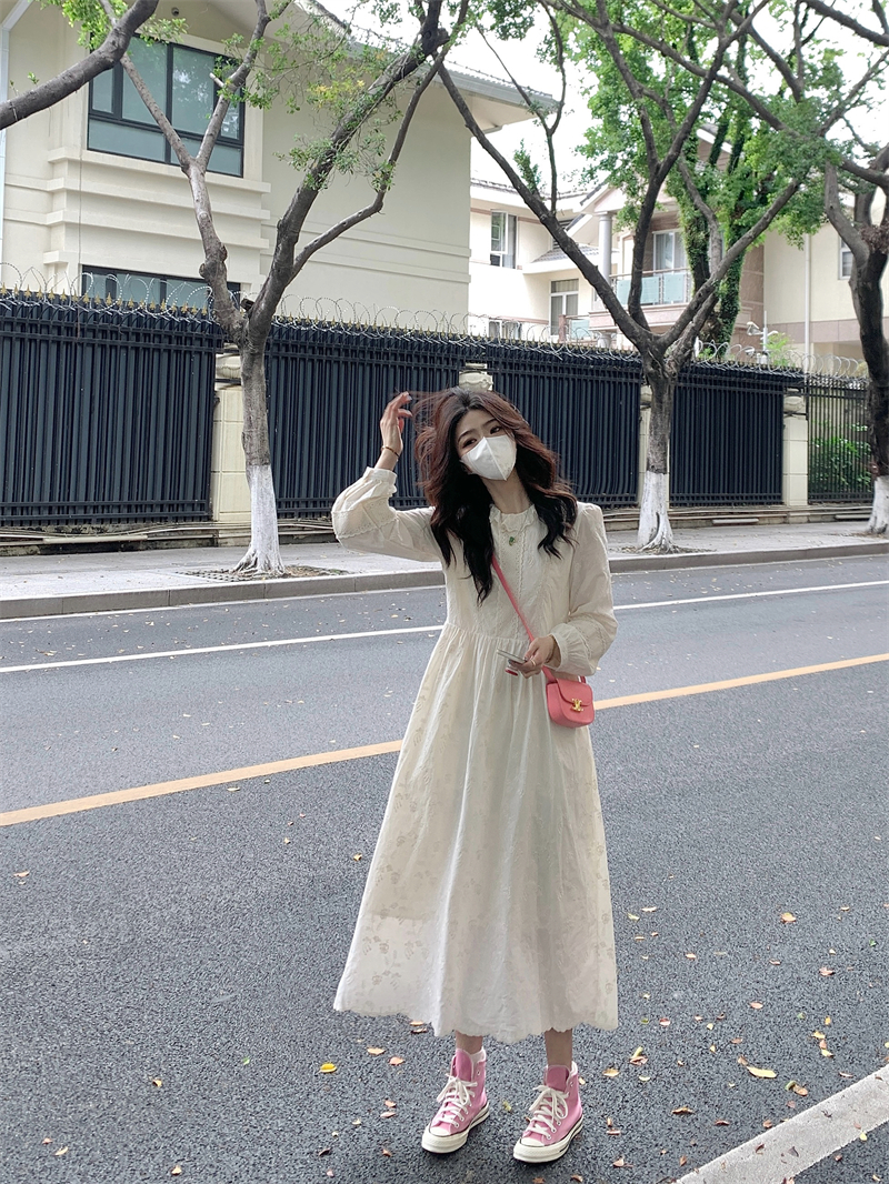 實拍#春季重工繡花長袖連衣裙女花邊甜美寬鬆綁帶收腰中長裙