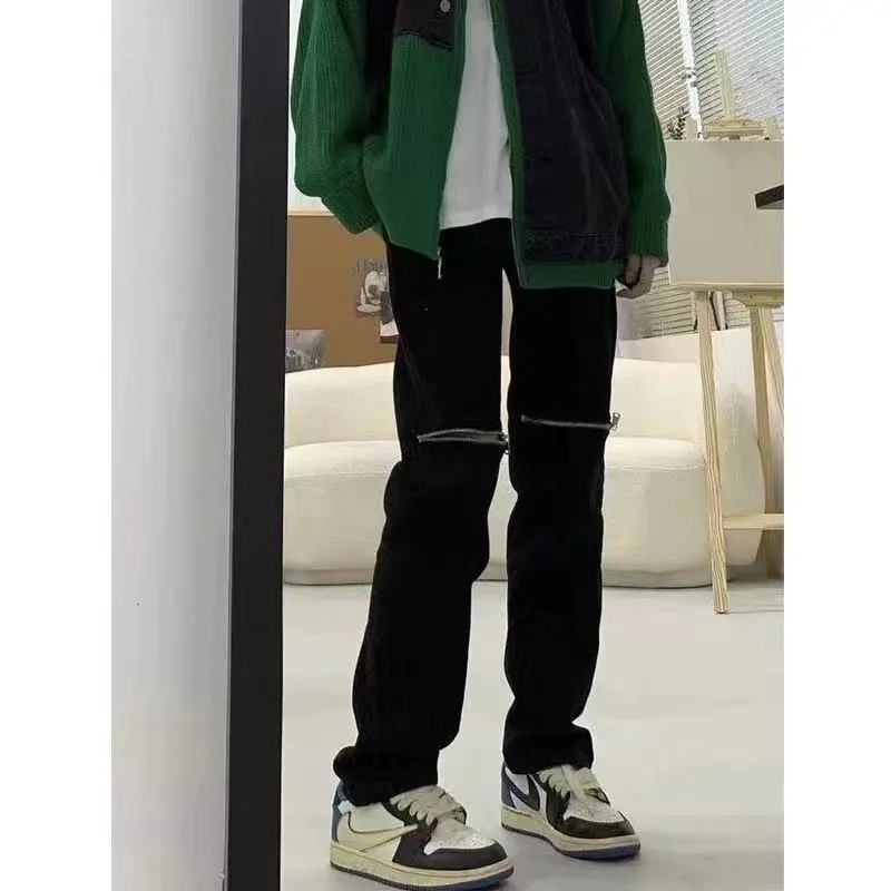 2024 Spring and Summer New High Street Zippered Black Jeans Women's Knee Hollow Loose Straight Wide Leg Floor-Mopping Trousers