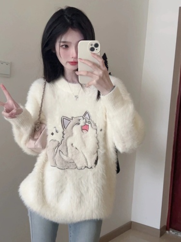 Thick version!  Lazy style cartoon mink velvet pullover sweater for women winter new Korean style loose student sweater