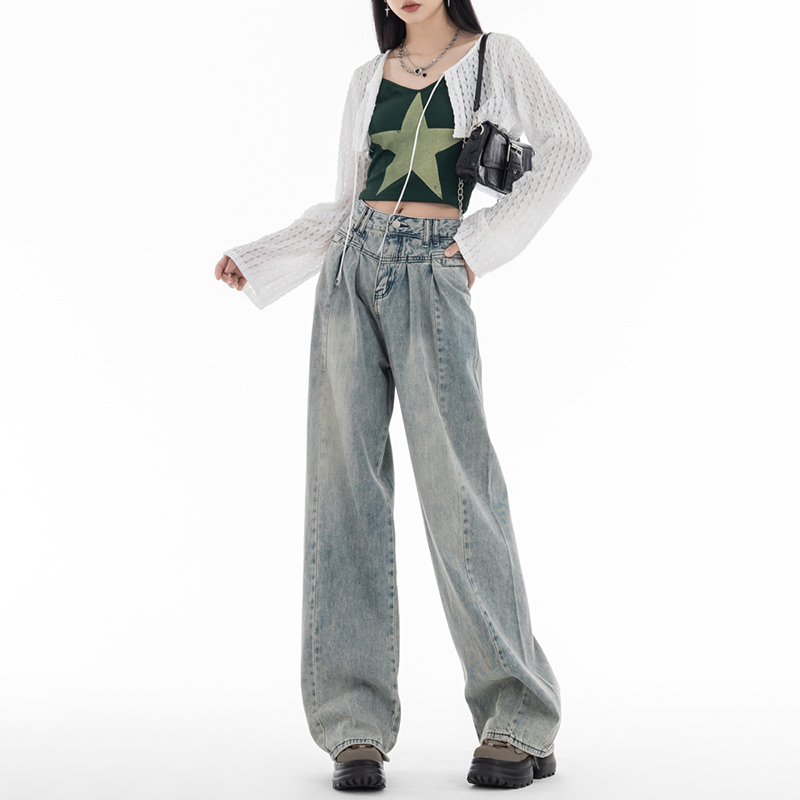 Retro drape jeans for women, spring and autumn style, high-waisted hottie loose straight-leg floor-length wide-leg jeans trendy