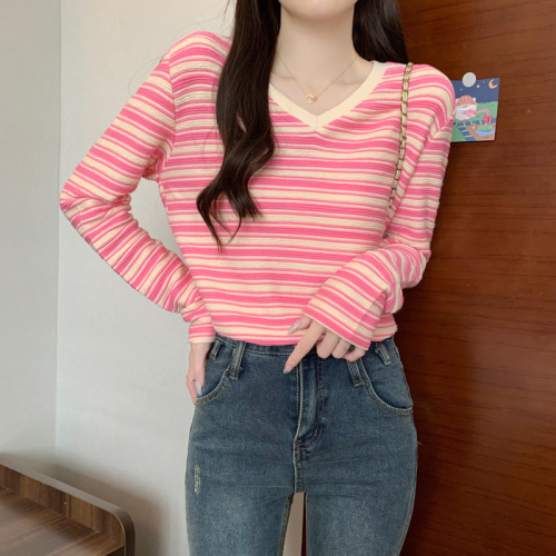 First real shot 300g striped bottoming shirt for women spring and autumn trendy thin short style trendy Korean style V-neck top long-sleeved T-shirt