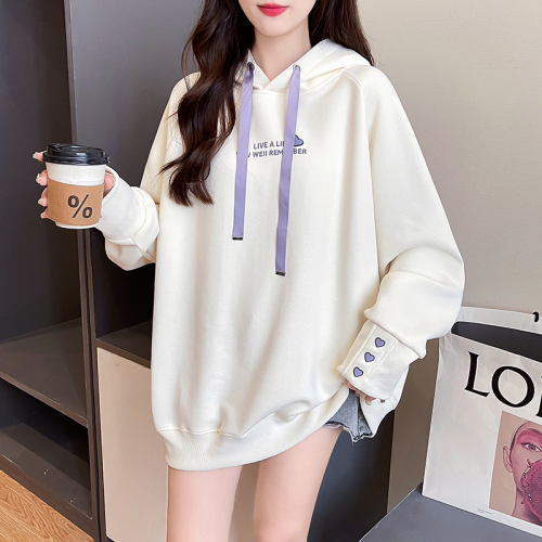 First real shot of Chinese cotton composite milk silk sweatshirt for women spring and autumn embroidered flower hooded top plus size women's 200 pounds