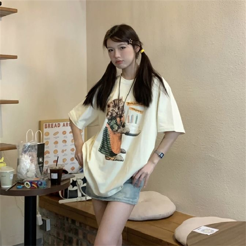 220克精梳緊密賽洛少女風卡通貓咪印花短袖T恤女