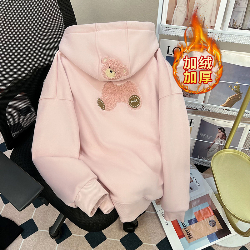 Real shot of Chinese cotton composite alpaca plus velvet thickened 420g sweatshirt for women 2024 new autumn and winter trendy warm top