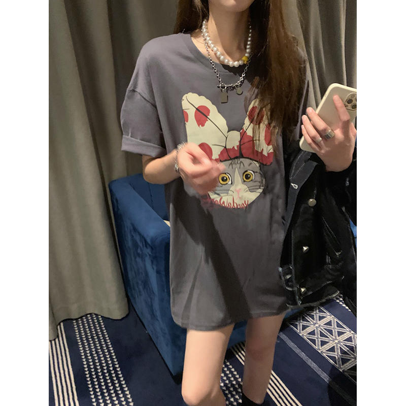 220克精梳緊密賽洛慵懶風蝴蝶結貓咪印花短袖T恤