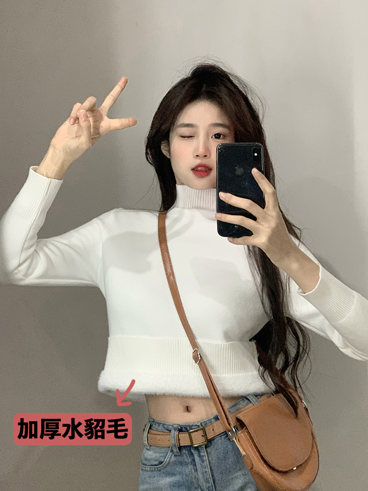實拍～加絨加厚仿水貂毛半高領打底衫毛衣女針織衫上衣冬季