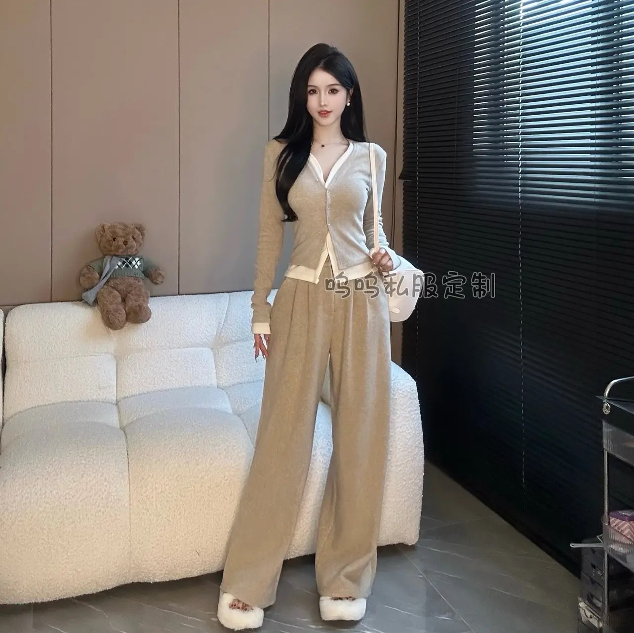 嗚嗚定製 春季新款加厚設計感假兩件開衫上衣+高腰鬆緊闊腿褲