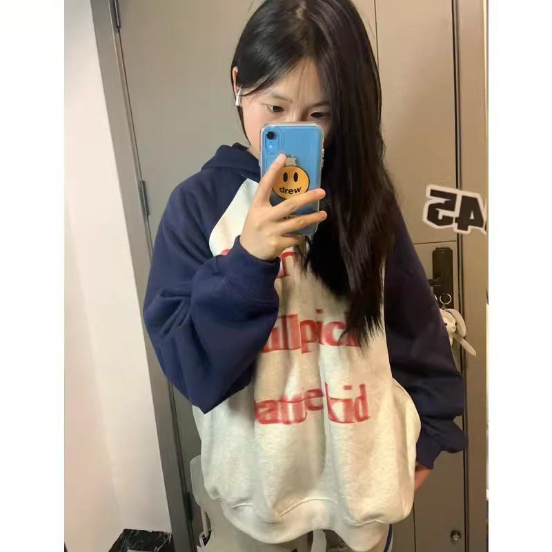 Back collar, double-layered hood, non-pilling, with cotton screw thread, imitation cotton Chinese cotton composite 310g thin sweatshirt for women with print