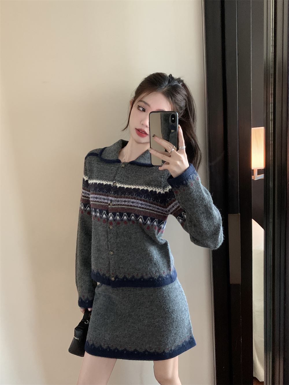 實拍~ 復古翻領提花短款顯瘦長袖羊毛開衫+高腰顯瘦半身裙