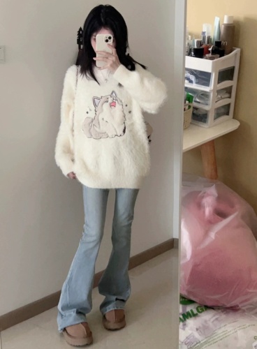 Thick version!  Lazy style cartoon mink velvet pullover sweater for women winter new Korean style loose student sweater