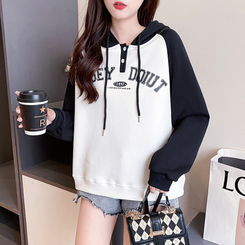 Real shot of Chinese cotton composite 320g spring and autumn thin sweatshirt women's raglan sleeve hooded trendy top plus size women's 200 pounds