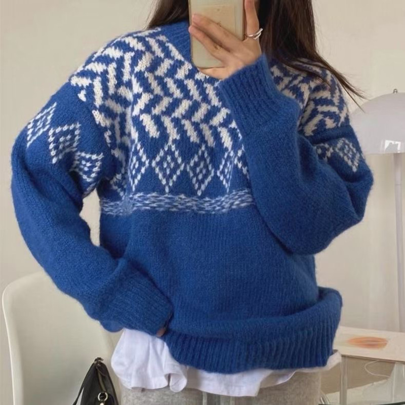 Blue Patterned Sweater 2024 New Women's Early Autumn Loose Outerwear Lazy Pullover Knitted Sweater Trendy Tops
