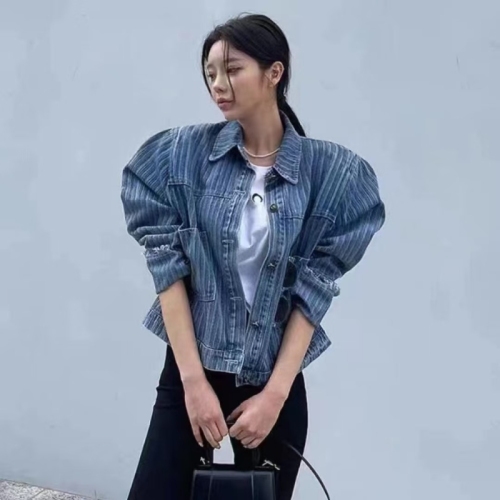 Korean retro lapel loose slimming high waist cuffs raw edge puff sleeves vertical striped denim jacket for women
