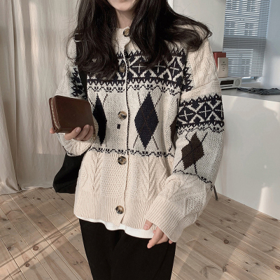 Dongdaemun Korean style rhombus single-breasted sweater for women, loose, lazy style, slimming, fashionable internet celebrity knitted cardigan