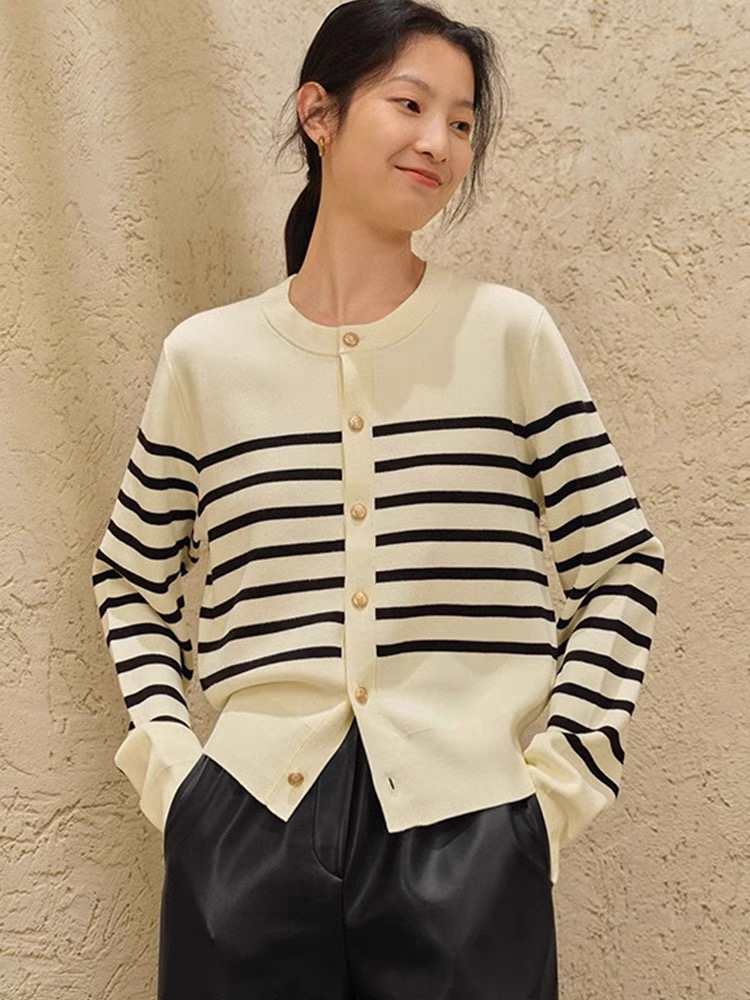 Simple Contrast Color Striped Knitted Cardigan Women's Autumn New Retro Gold Button Sweater
