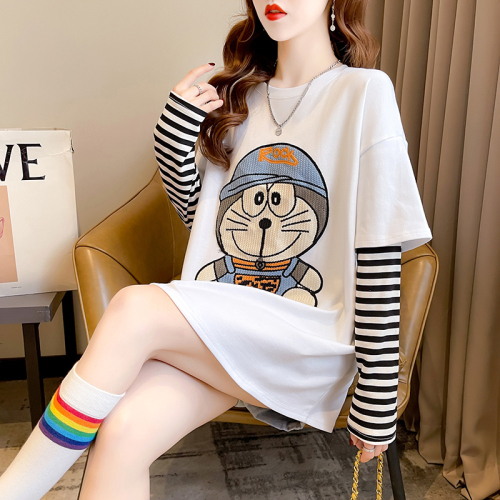 Real shot long-sleeved t-shirt for women spring and autumn thin new style fake two-piece cartoon sequin round neck top plus size women's clothing