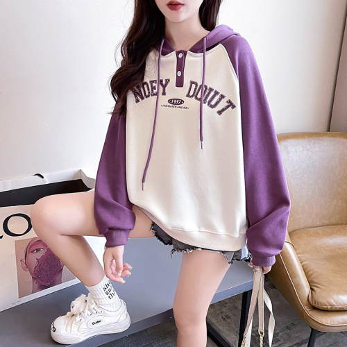 Real shot of Chinese cotton composite 320g spring and autumn thin sweatshirt women's raglan sleeve hooded trendy top plus size women's 200 pounds