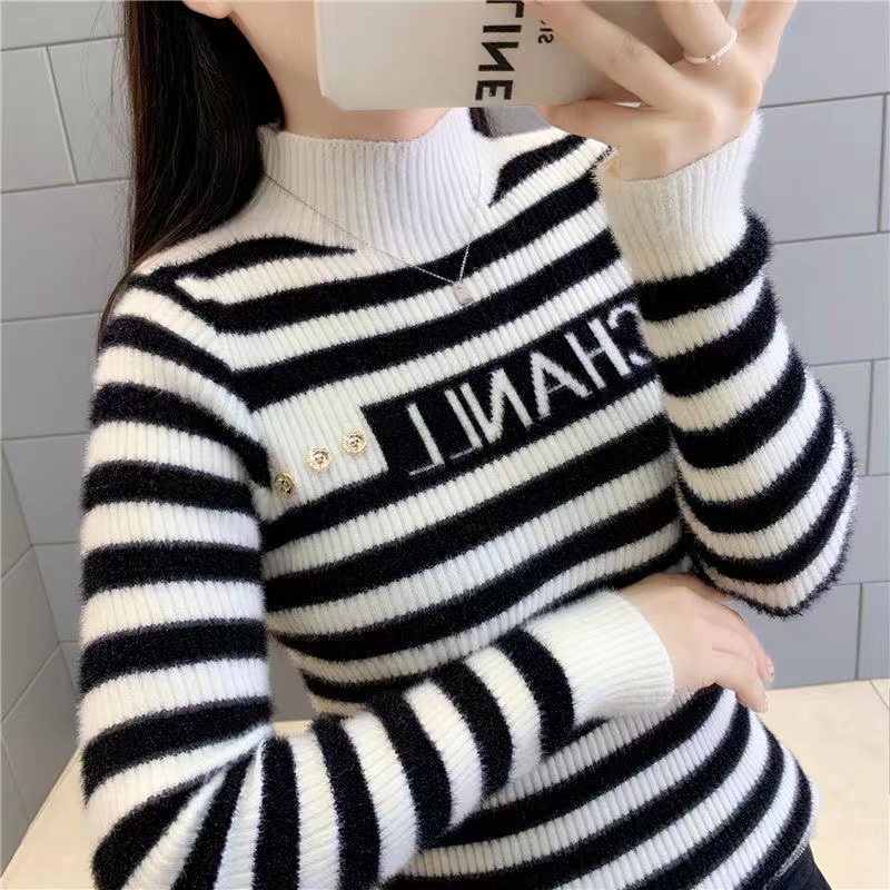 Imitation mink striped bottoming shirt for women 2024 new all-match letter sweater for women high elastic figure-shaping top trendy