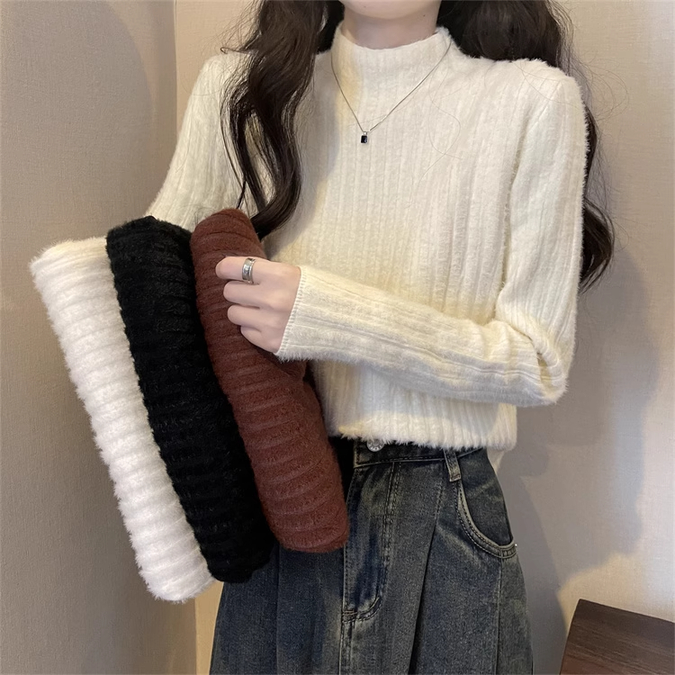 水貂絨一體白色針織毛衣女秋冬內搭加絨氣質高級感半高領打底上衣