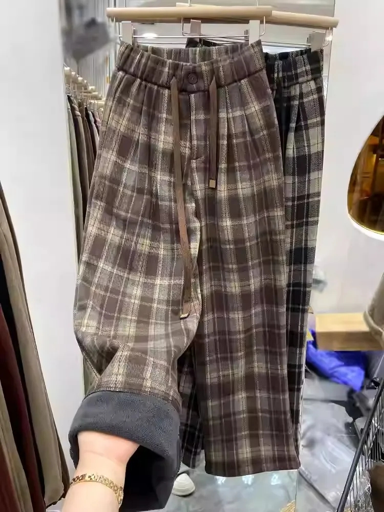 復古加絨格子褲女冬季加厚高腰窄版闊腿褲垂感顯瘦直筒褲休閒長褲