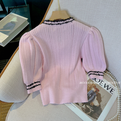 粉色短袖T恤女夏季镂空短款修身显瘦蝴蝶结冰丝针织衫泡泡袖上衣