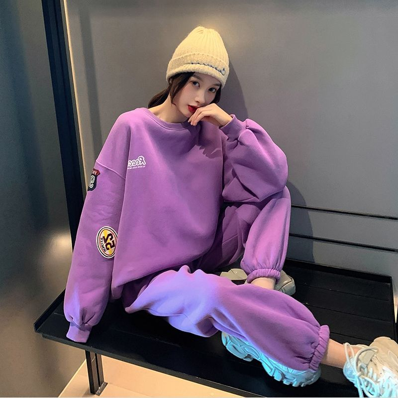 春秋季時尚鹽系炸街運動套裝女學生韓版寬鬆衛衣休閒兩件套