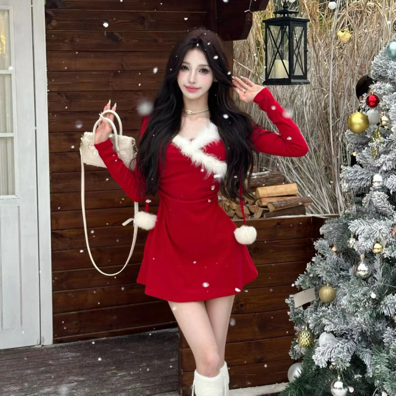 Christmas style spliced ​​furry hooded dress, sweet and cool hot girl temperament, waist slimming short skirt