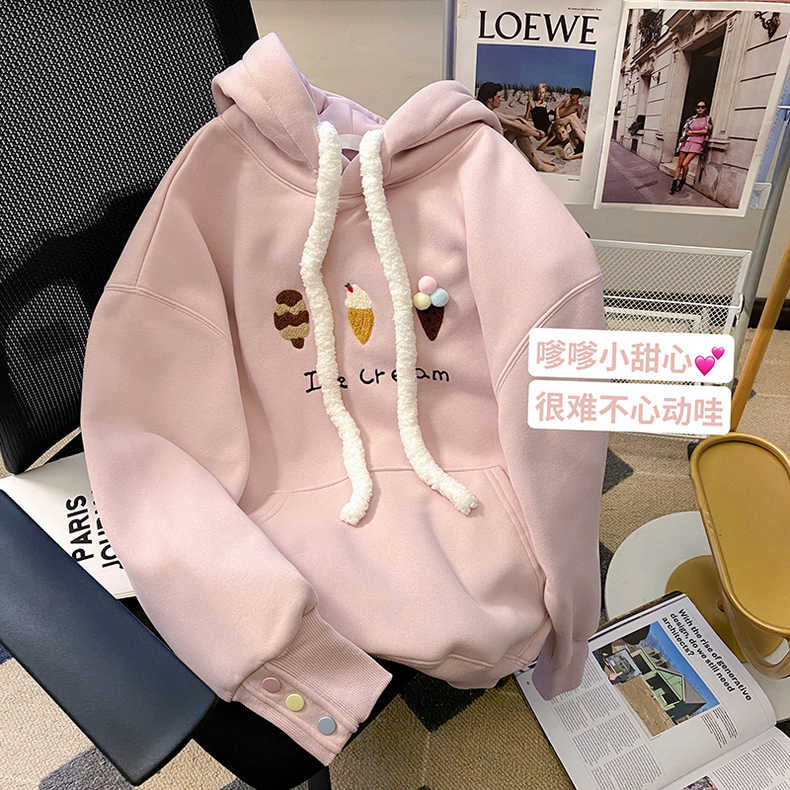 Pink cartoon embroidered hooded sweatshirt for women autumn and winter 23 new style velvet thickened outer wear loose warm top jacket