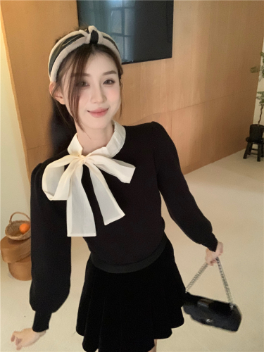 Actual shot of new retro high-end temperament bow ribbon puff sleeves thickened sweater