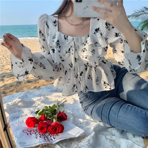 2024 Spring French Retro Collarbone Square Neck Ruffled Floral Shirt Women's Fashionable Floral Short Chiffon Top